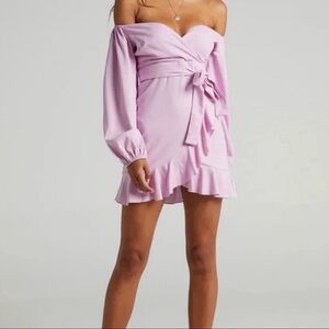 E Showpo Cant Move On Off Shoulder Mini Linen Blend Dress in Pink Lilac Size 16